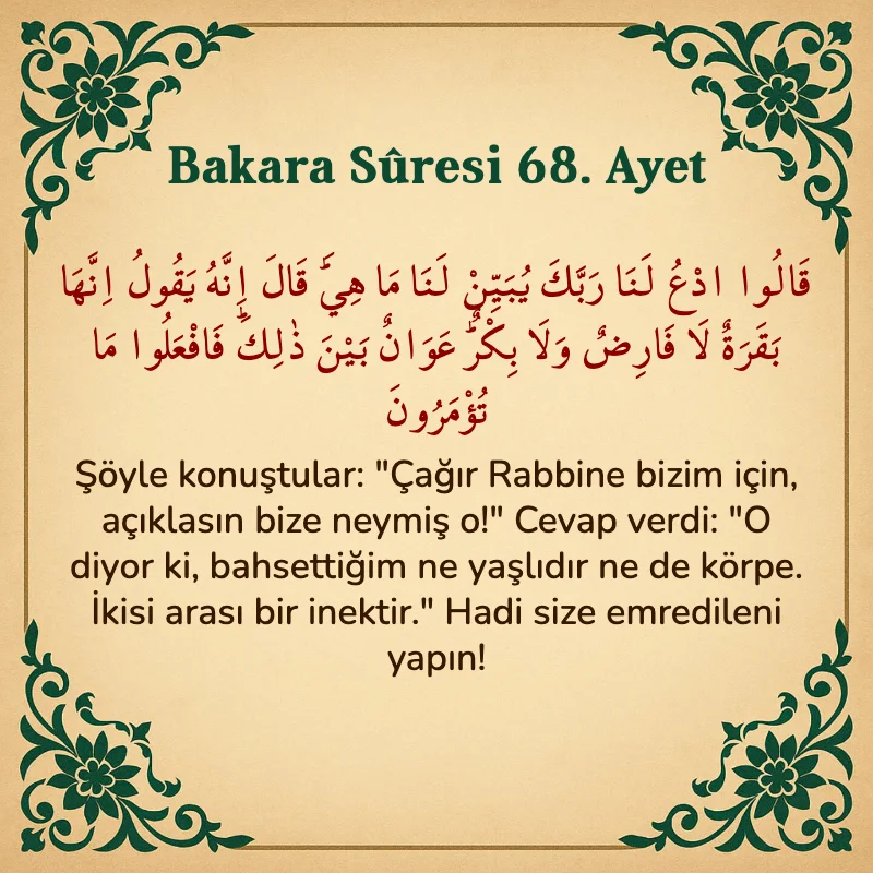 Bakara Suresi 68. Ayet Arapça ve Türkçe meali