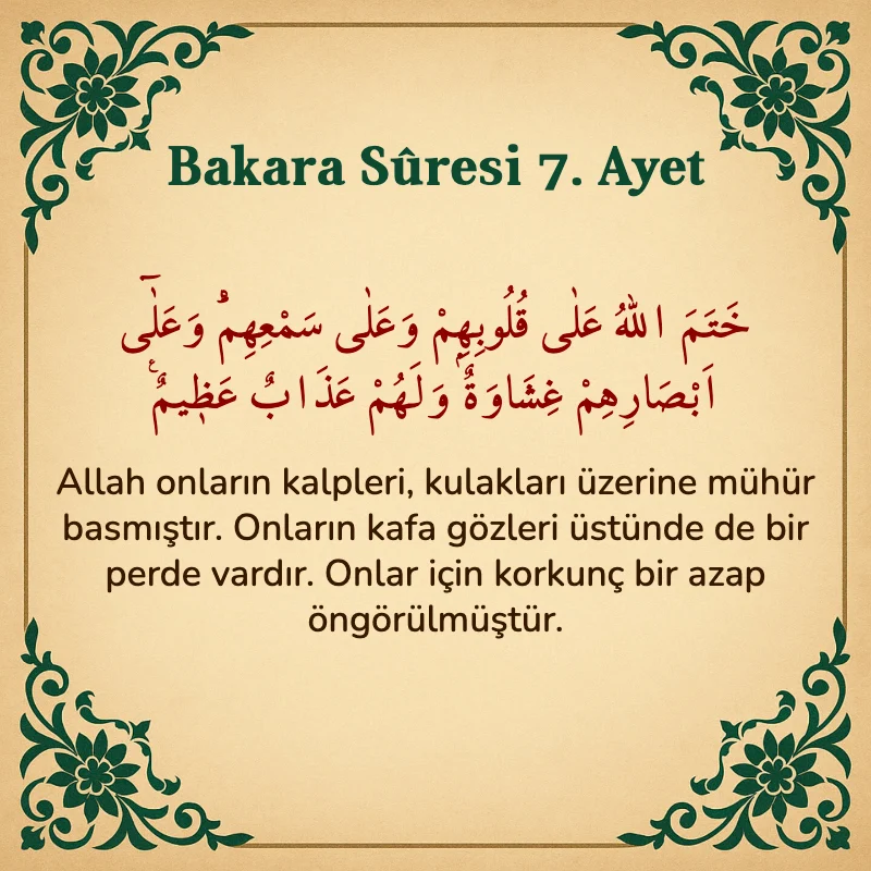 Bakara Suresi 7. Ayet  Arapça ve Türkçe meali