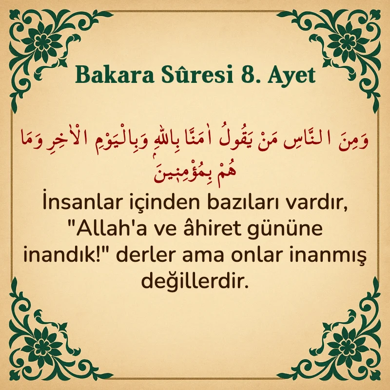 Bakara Suresi 8. Ayet  Arapça ve Türkçe meali