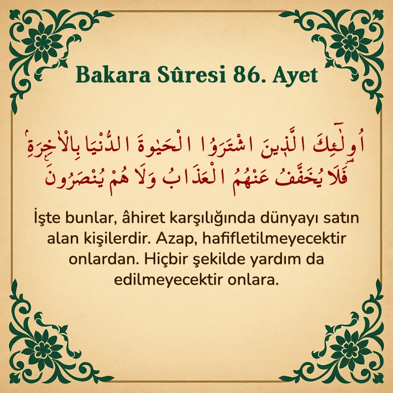 Bakara Suresi 86. Ayet Arapça ve Türkçe meali