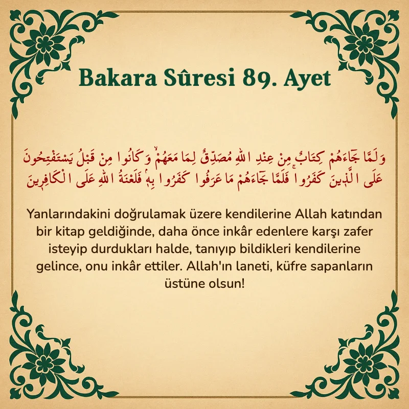 Bakara Suresi 89. Ayet Arapça ve Türkçe meali