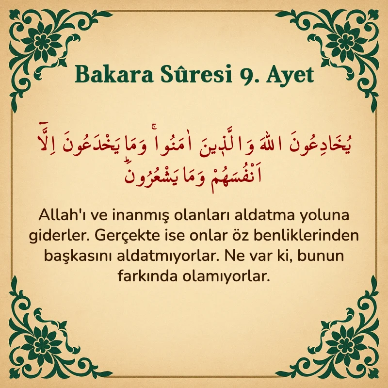 Bakara Suresi 9. Ayet Arapça ve Türkçe meali