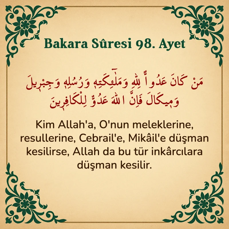 Bakara Suresi 98. Ayet Arapça ve Türkçe meali