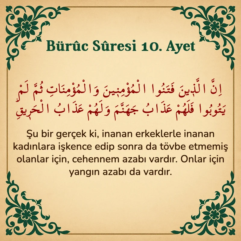 Buruc Suresi 10. Ayet Arapça ve Türkçe meali