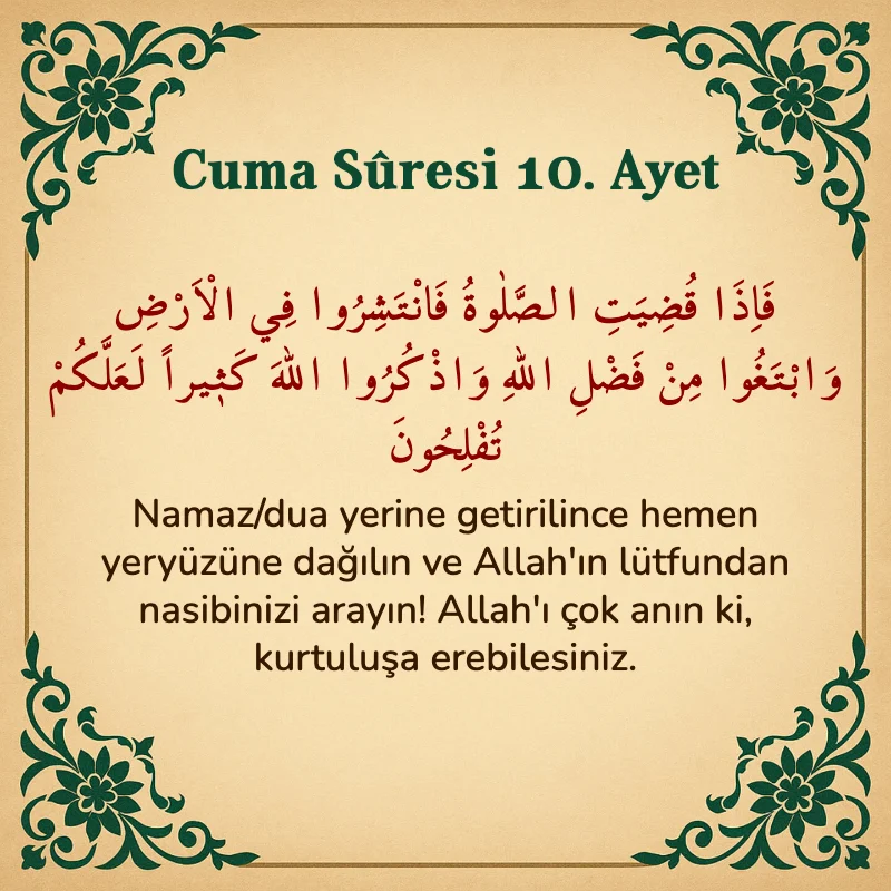 Cuma Suresi 10. Ayet Arapça ve Türkçe meali