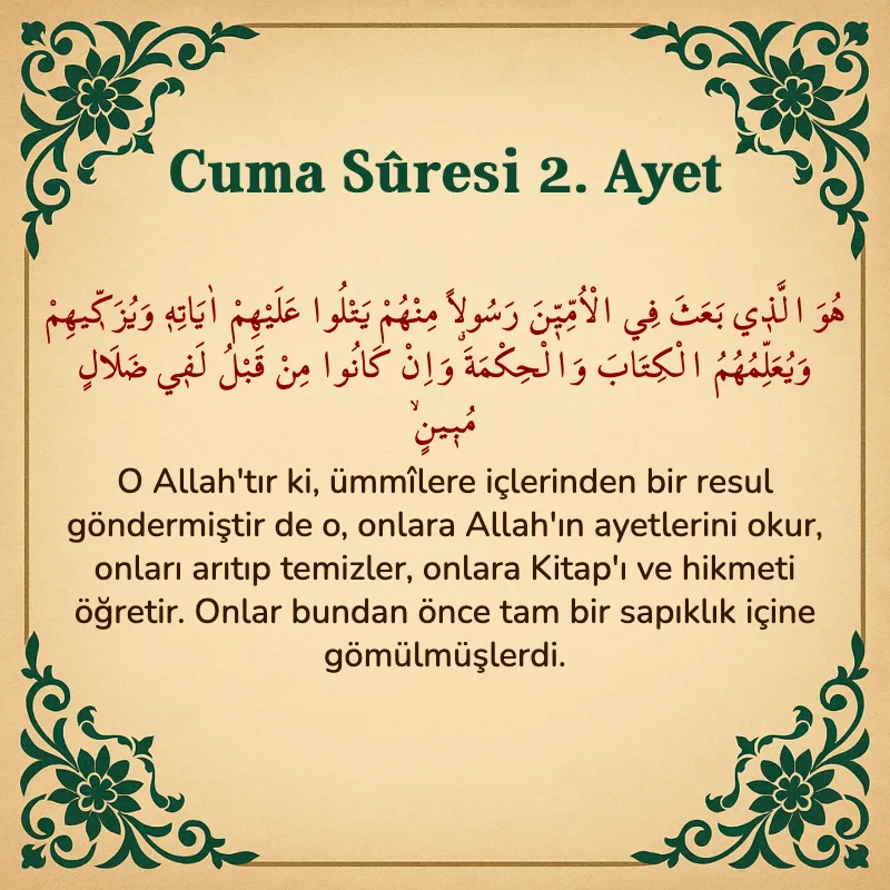 Cuma Suresi 2. Ayet Arapça ve Türkçe meali
