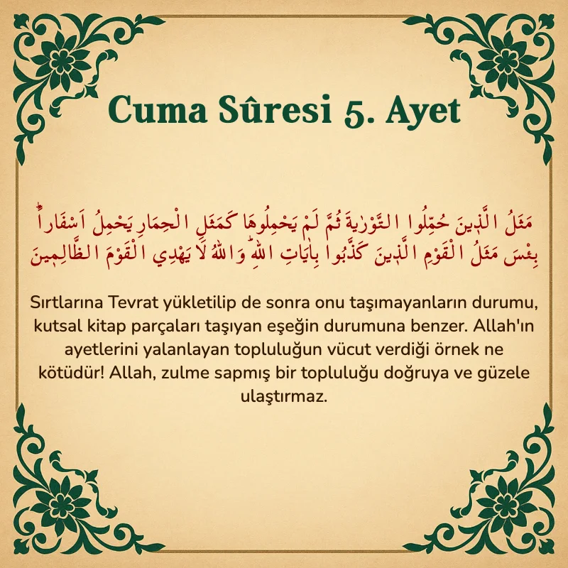 Cuma Suresi 5. Ayet Arapça ve Türkçe meali