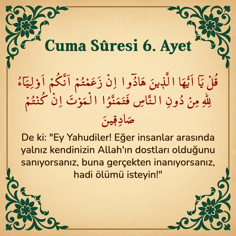 Cuma Suresi 6. Ayet Arapça ve Türkçe meali
