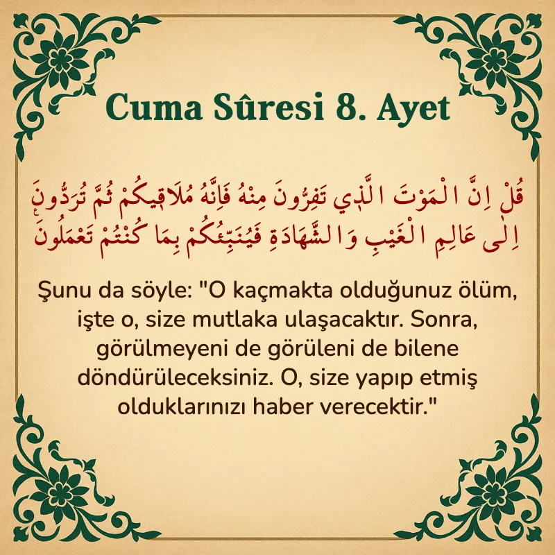 Cuma Suresi 8. Ayet Arapça ve Türkçe meali