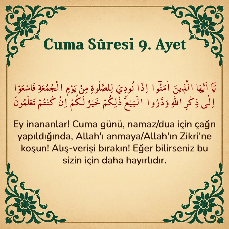 Cuma Suresi 9. Ayet Arapça ve Türkçe meali