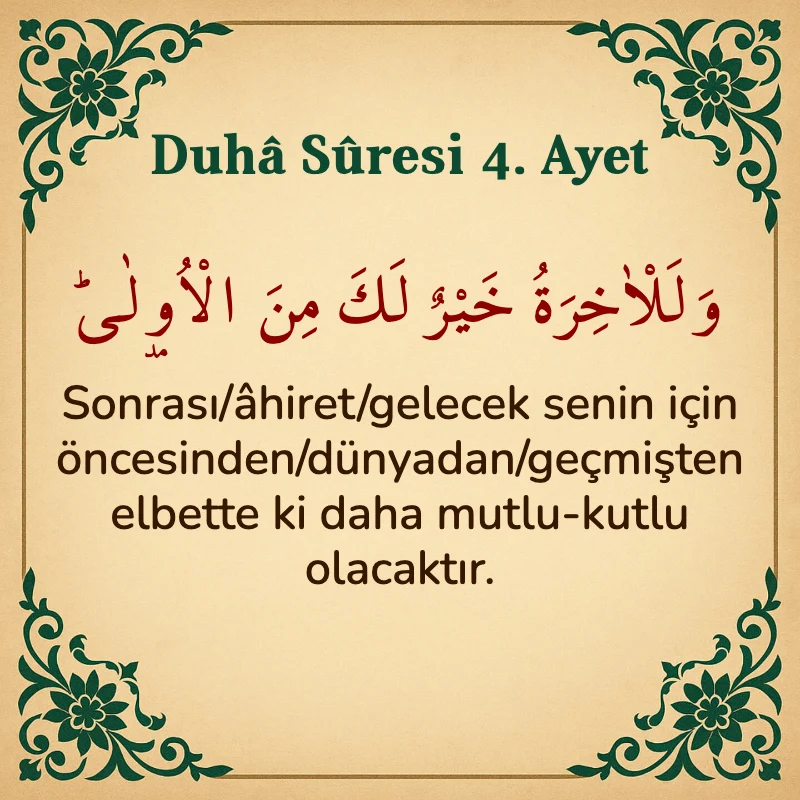 Duha Suresi 4. Ayet Arapça ve Türkçe meali