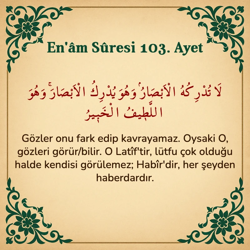 En'âm Sûresi 103. Ayet Arapça ve Türkçe meali