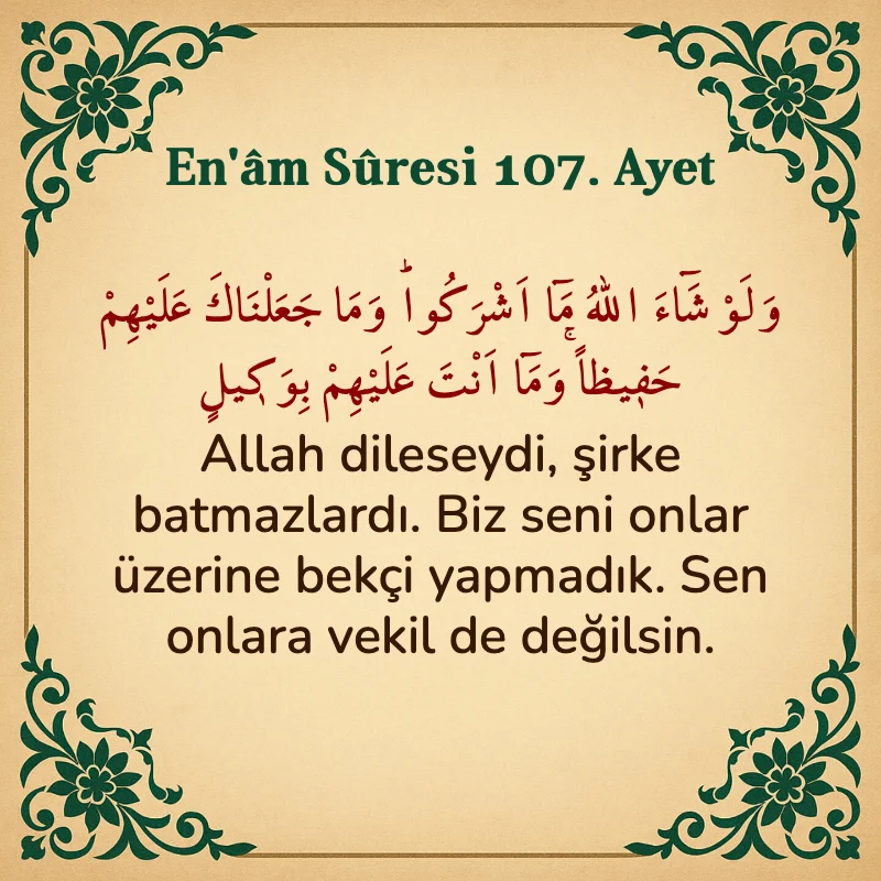 En'âm Sûresi 107. Ayet Arapça ve Türkçe meali