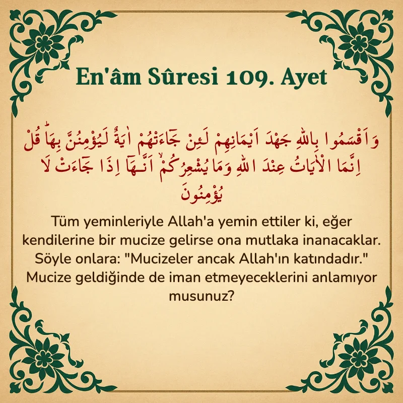 En'âm Sûresi 109. Ayet Arapça ve Türkçe meali