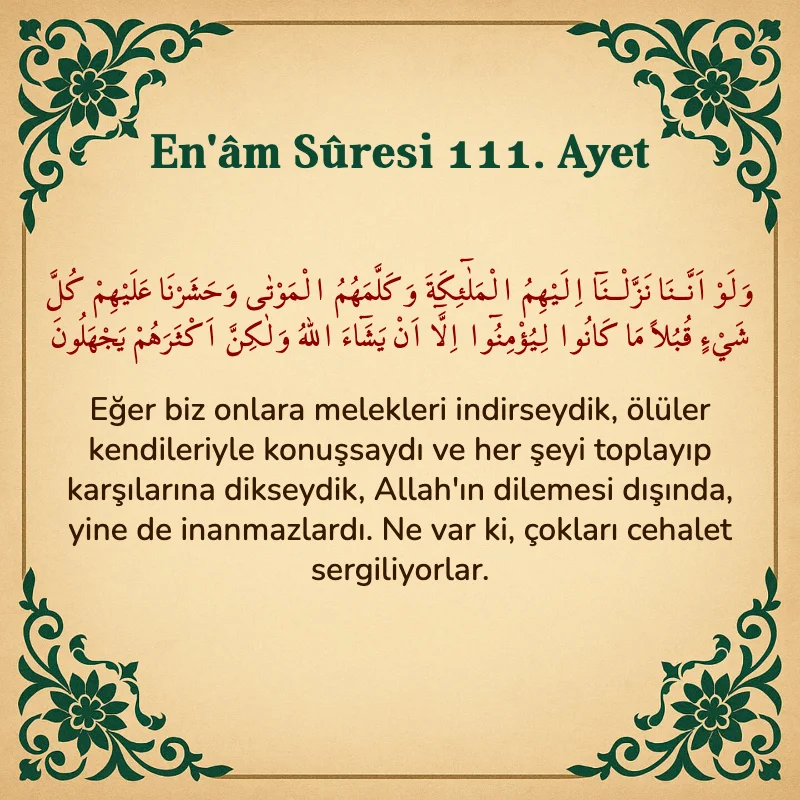 En'âm Sûresi 111. Ayet Arapça ve Türkçe meali