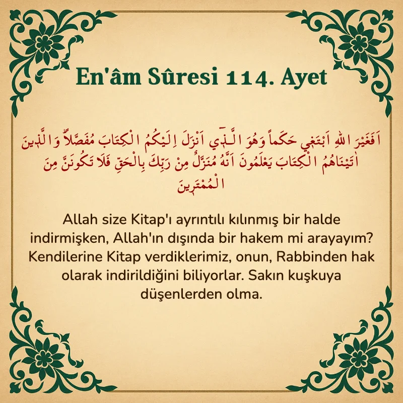 En'âm Sûresi 114. Ayet Arapça ve Türkçe meali