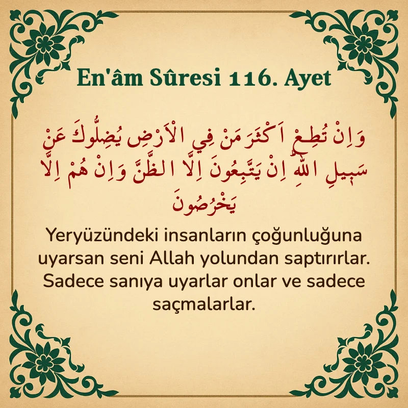 En'âm Sûresi 116. Ayet Arapça ve Türkçe meali