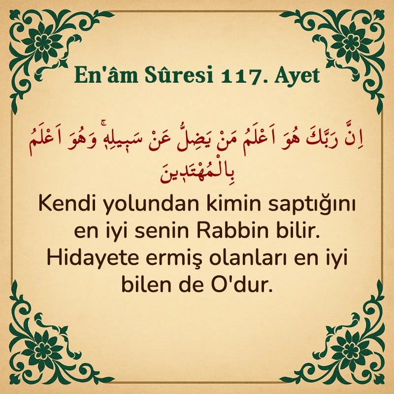 En'âm Sûresi 117. Ayet Arapça ve Türkçe meali