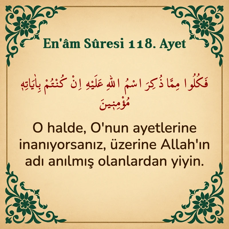 En'âm Sûresi 118. Ayet Arapça ve Türkçe meali