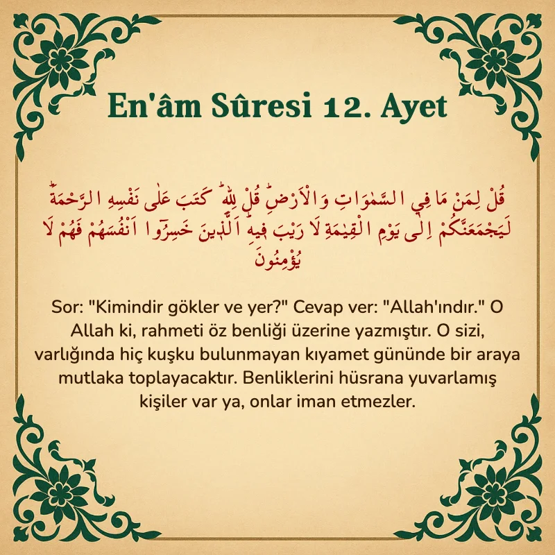 En'âm Sûresi 12. Ayet Arapça ve Türkçe meali