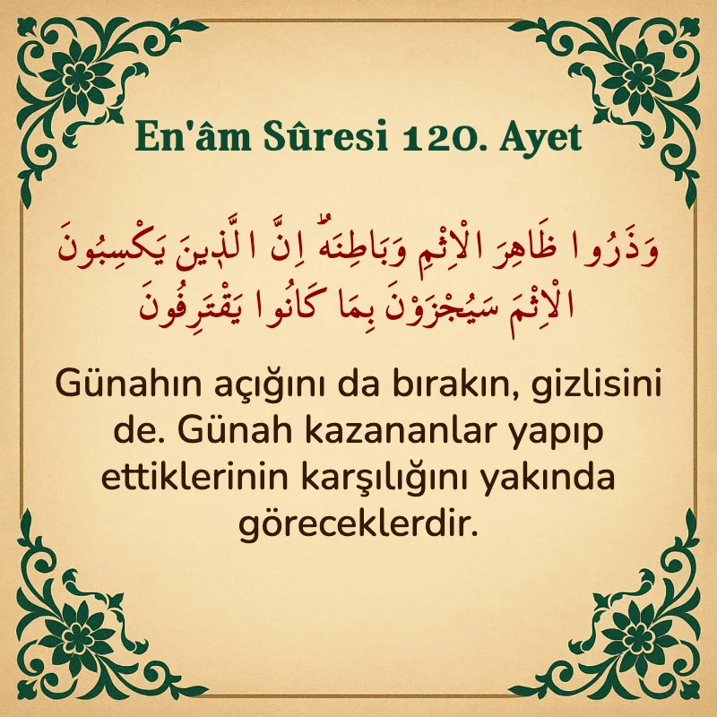 En'âm Sûresi 120. Ayet Arapça ve Türkçe meali