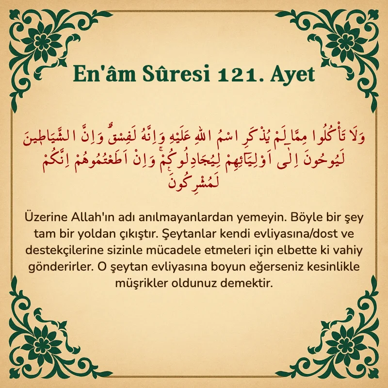 En'âm Sûresi 121. Ayet Arapça ve Türkçe meali