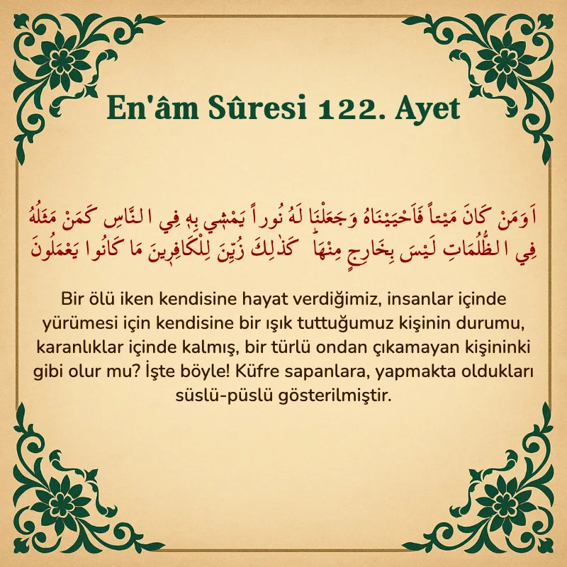 En'âm Sûresi 122. Ayet Arapça ve Türkçe meali