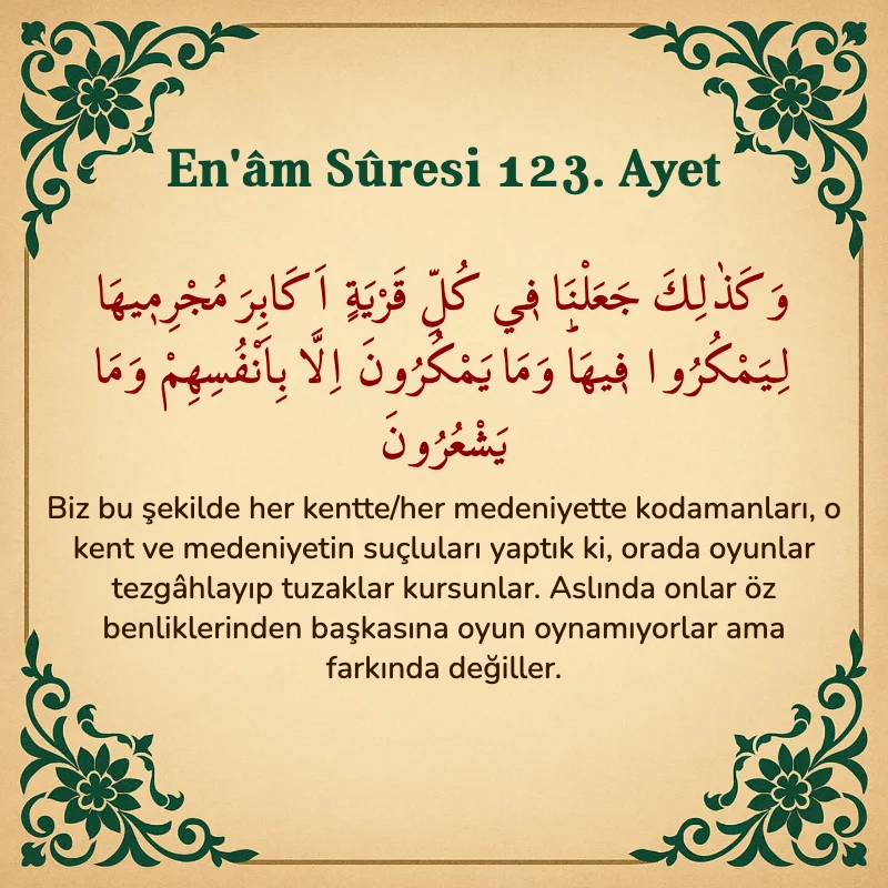 En'âm Sûresi 123 Ayet Arapça ve Türkçe meali