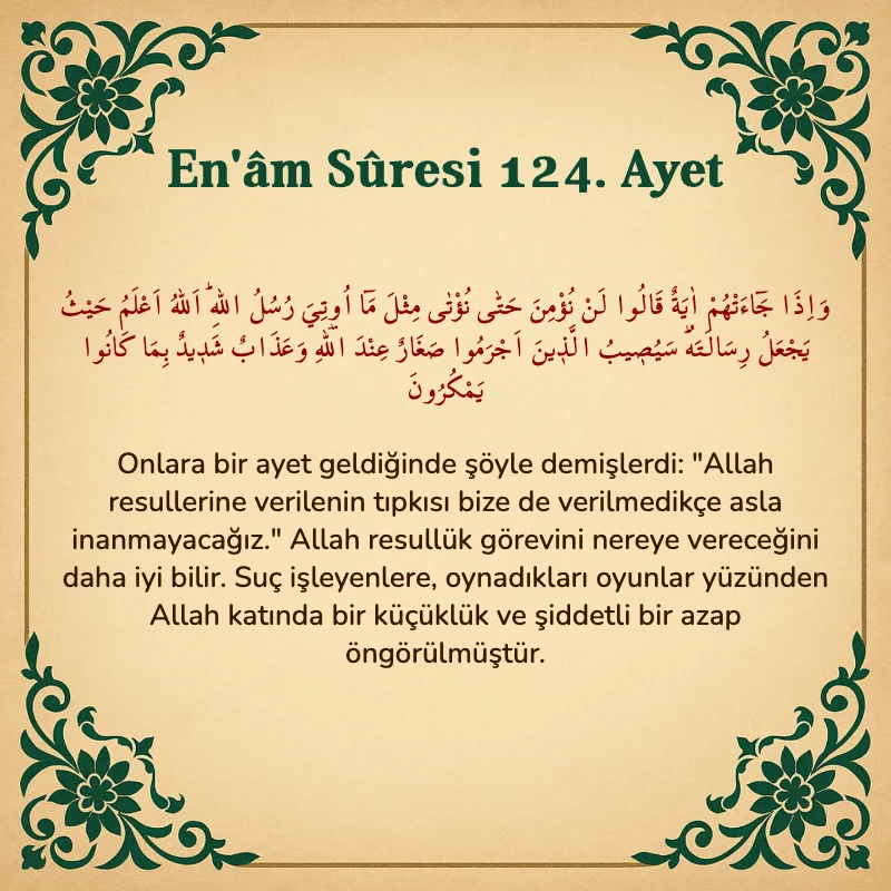 En'âm Sûresi 124. Ayet Arapça ve Türkçe meali