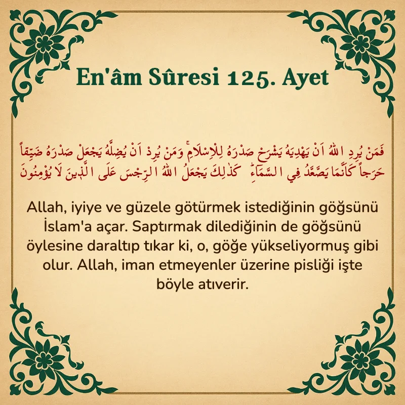 En'âm Sûresi 125. Ayet Arapça ve Türkçe meali