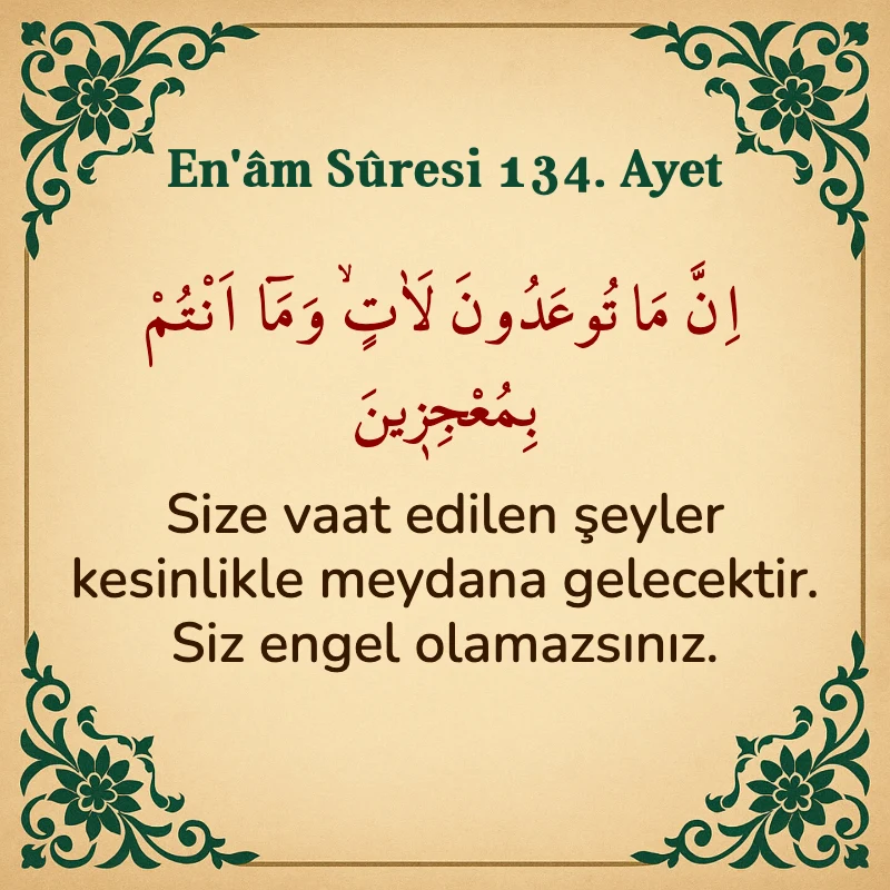 En'âm Sûresi 134. Ayet Arapça ve Türkçe meali
