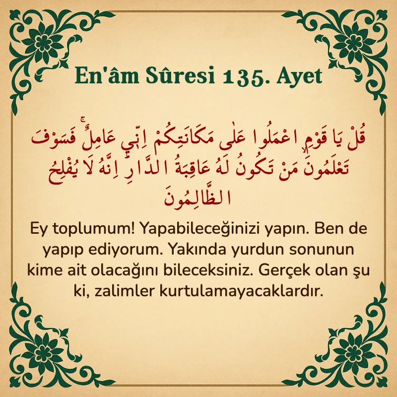En'âm Sûresi 135. Ayet Arapça ve Türkçe meali