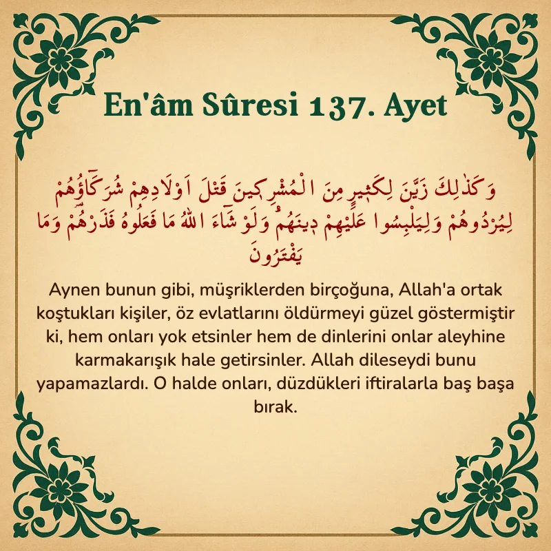 En'âm Sûresi 137. Ayet Arapça ve Türkçe meali