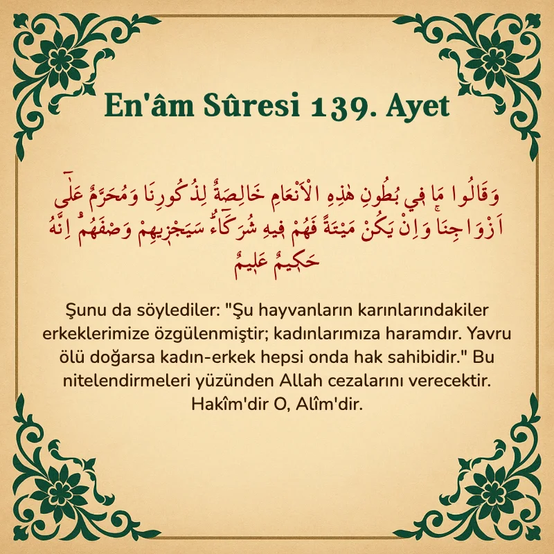 En'âm Sûresi 139. Ayet Arapça ve Türkçe meali