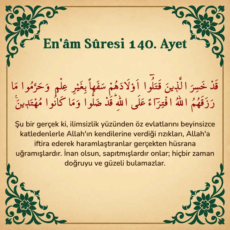 En'âm Sûresi 140. Ayet Arapça ve Türkçe meali