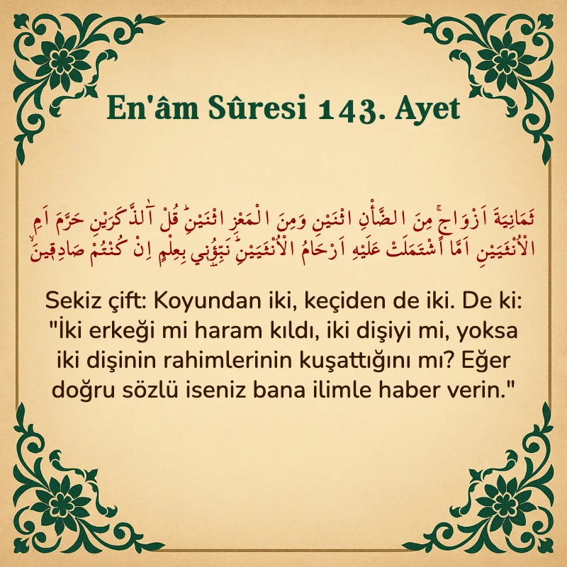 En'âm Sûresi 143. Ayet Arapça ve Türkçe meali