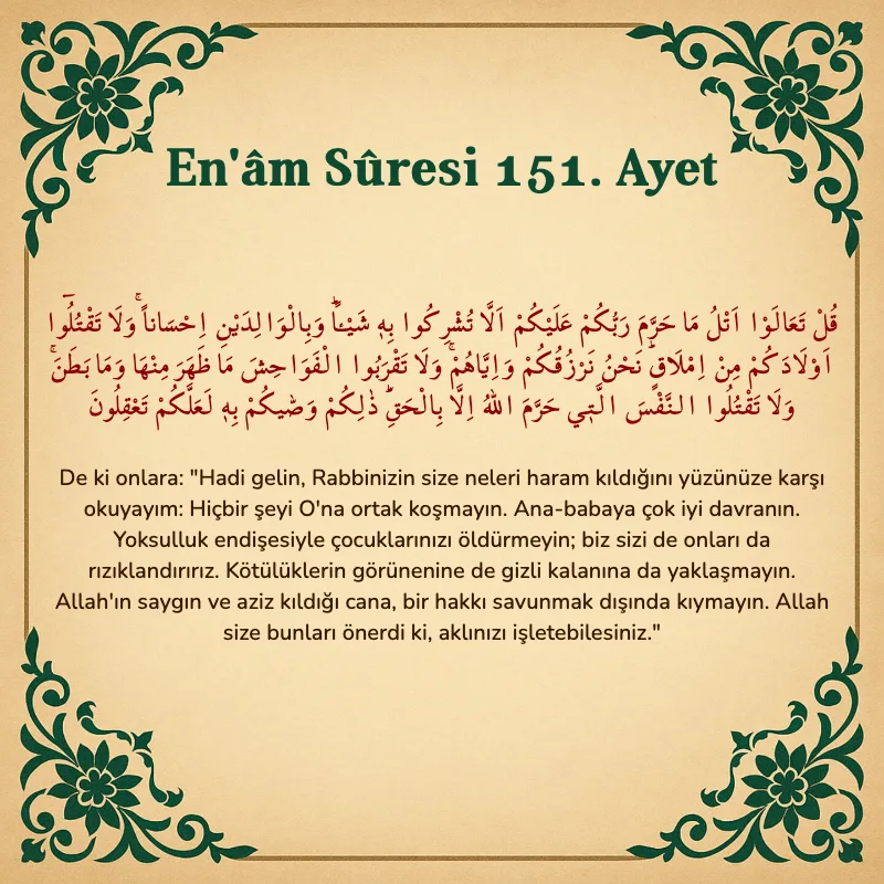 En'âm Sûresi 151. Ayet Arapça ve Türkçe meali