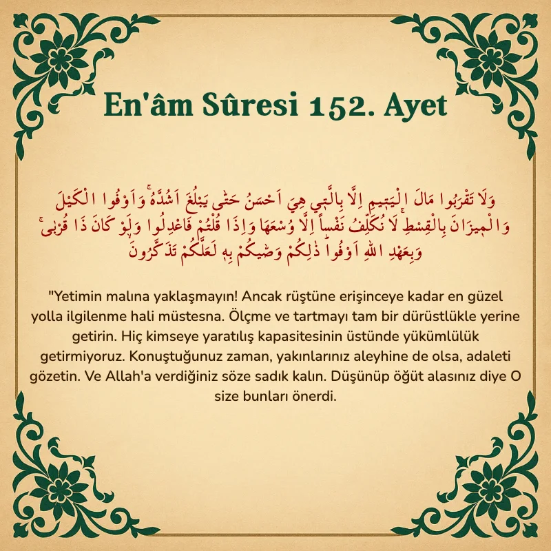 En'âm Sûresi 152. Ayet Arapça ve Türkçe meali