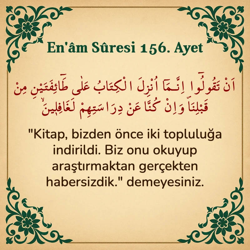 En'âm Sûresi 156. Ayet Arapça ve Türkçe meali