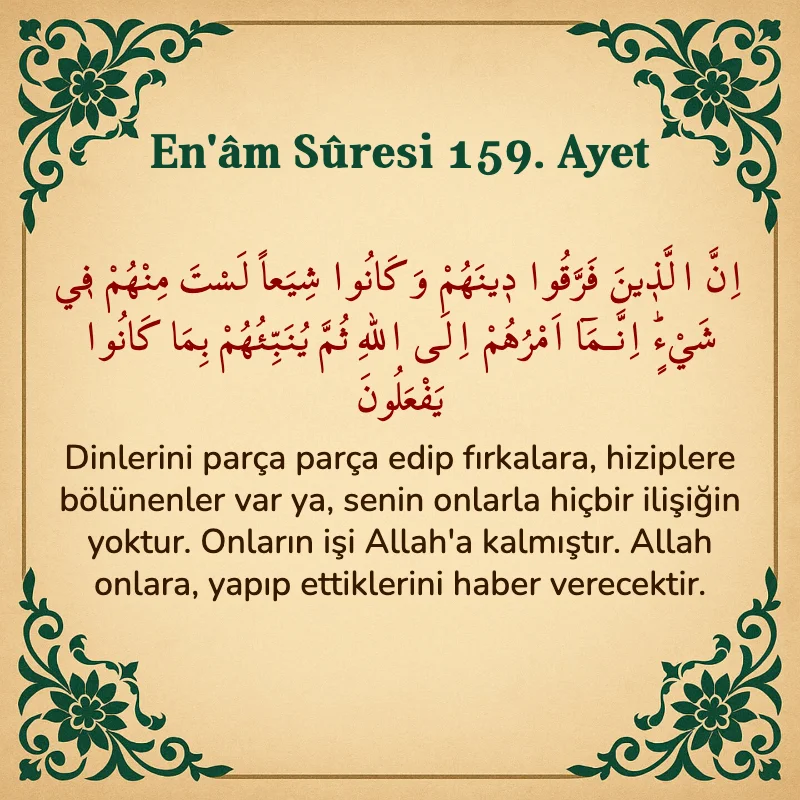 En'âm Sûresi 159. Ayet Arapça ve Türkçe meali