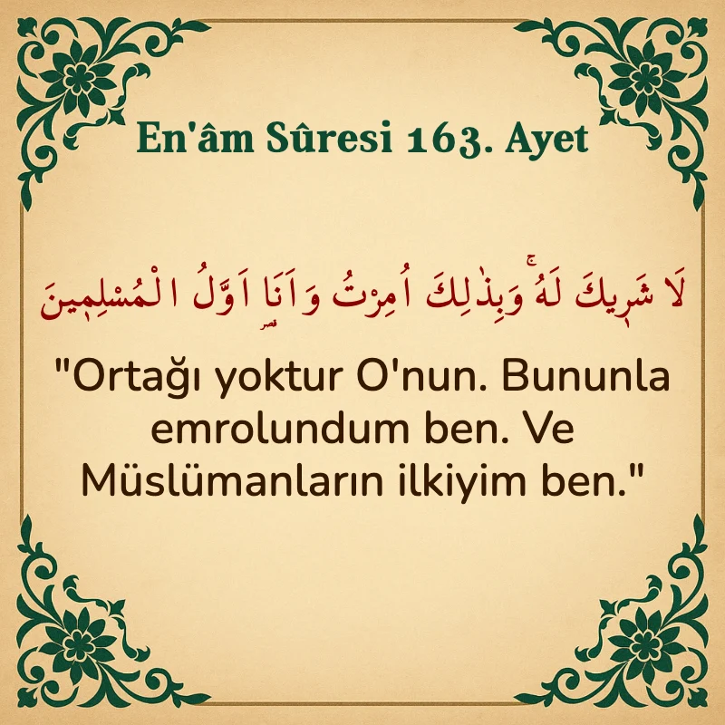 En'âm Sûresi 163. Ayet Arapça ve Türkçe meali