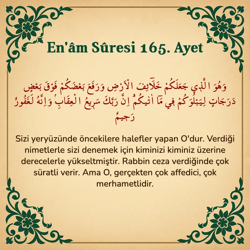 En'âm Sûresi 165. Ayet Arapça ve Türkçe meali