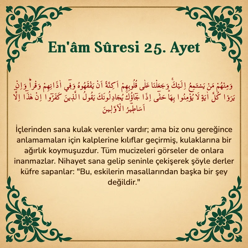 En'âm Sûresi 25. Ayet Arapça ve Türkçe meali