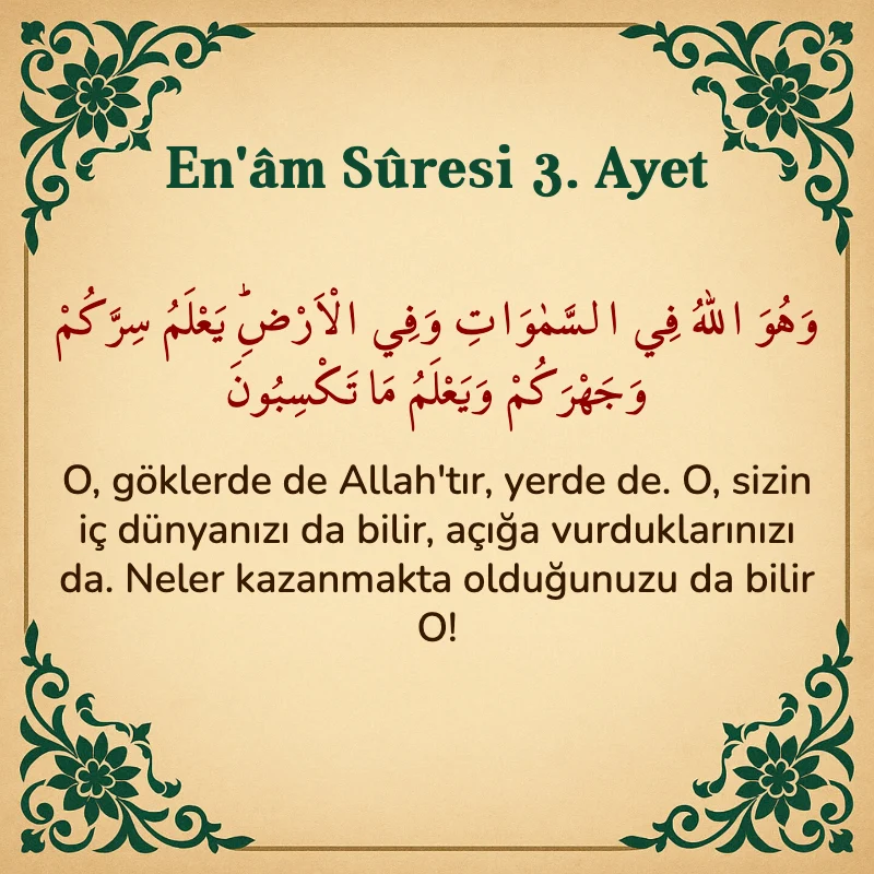 En'âm Sûresi 3. Ayet Arapça ve Türkçe meali