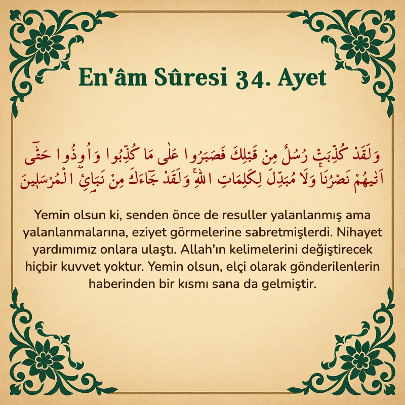 En'âm Sûresi 34. Ayet Arapça ve Türkçe meali