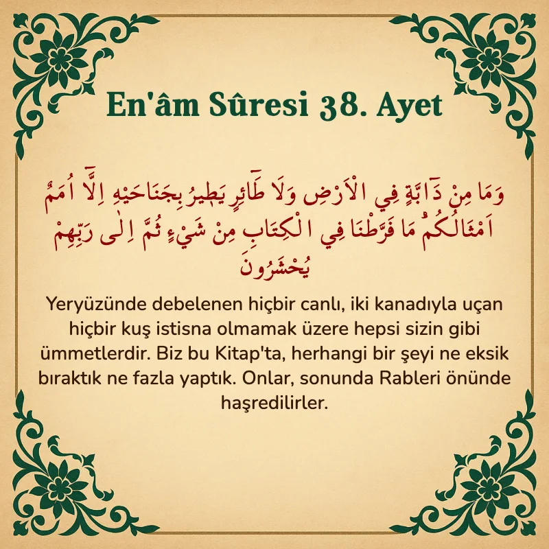 En'âm Sûresi 38. Ayet Arapça ve Türkçe meali