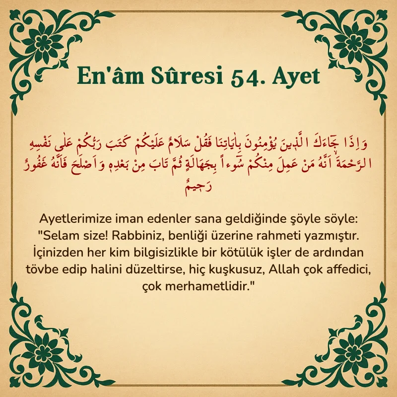 En'âm Sûresi 54. Ayet Arapça ve Türkçe meali