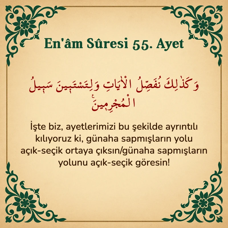 En'âm Sûresi 55. Ayet Arapça ve Türkçe meali