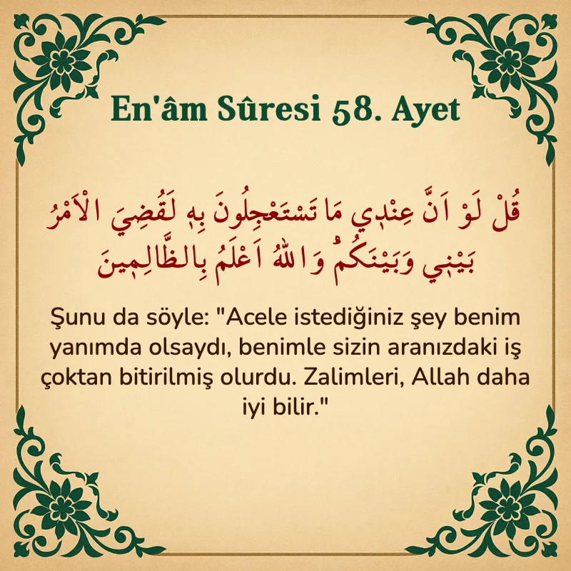 En'âm Sûresi 58. Ayet Arapça ve Türkçe meali
