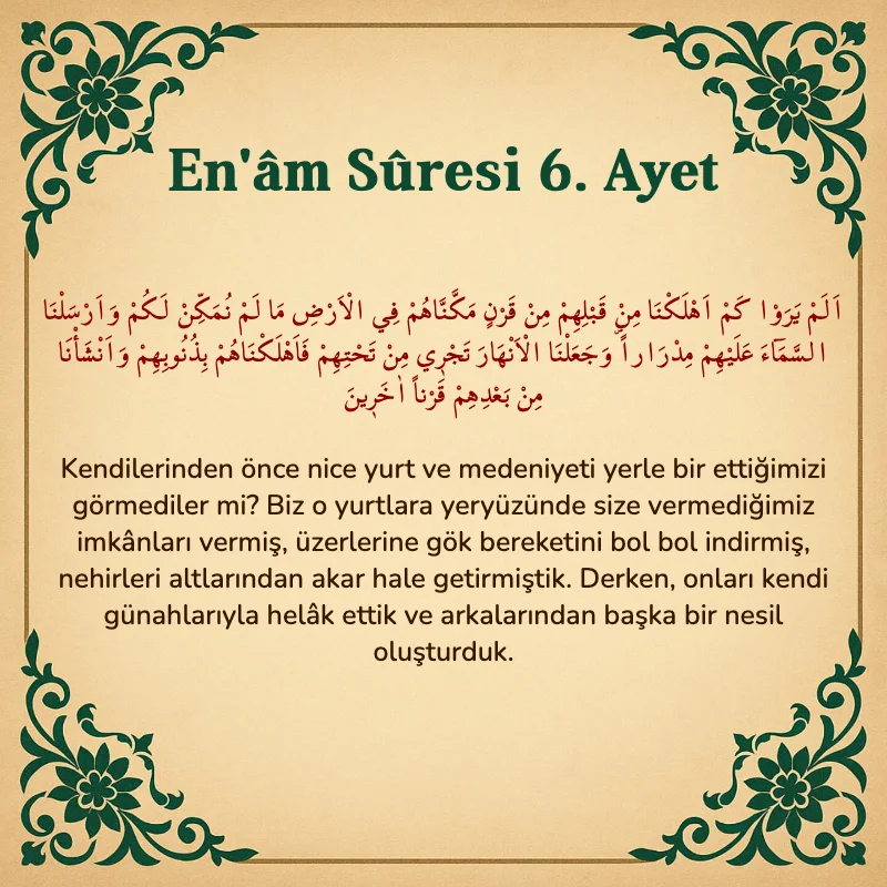 En'âm Sûresi 6. Ayet Arapça ve Türkçe meali
